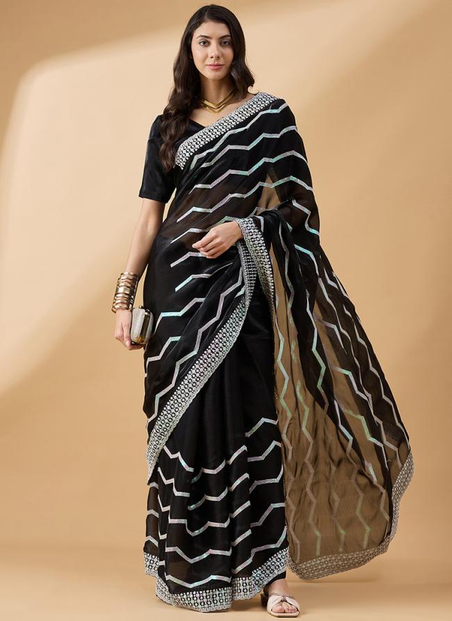 Tissue Slub Black Party Wear Sequence Work Saree